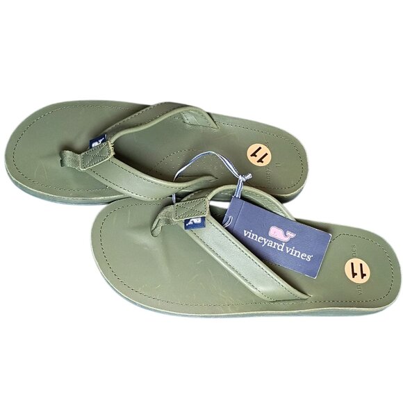 NEW Vineyard Vines Men’s Size 11 Clover Green Leather Contoured Flip Flop Sandal - Picture 2 of 13